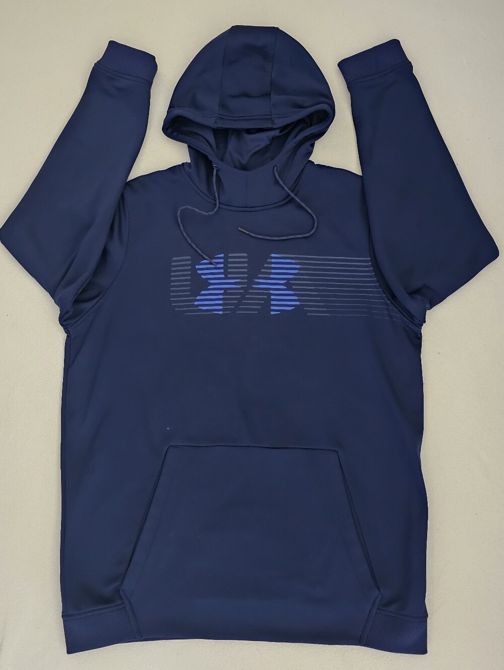 Under Armour Men’s Navy Blue Pullover Hoodie with Striped Logo Cold Wear Sz L